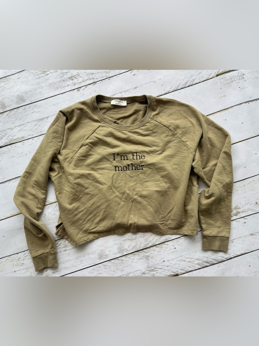 Zenana I’m The Mother Sweatshirt Size Small Olive Side Slit Cotton Pullover